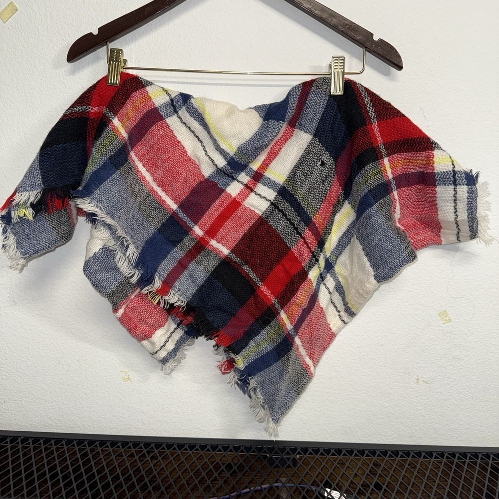Plaid Infinity Scarf‎ Red Blue White Fringe Oversized Acrylic Cozy Fall Winter